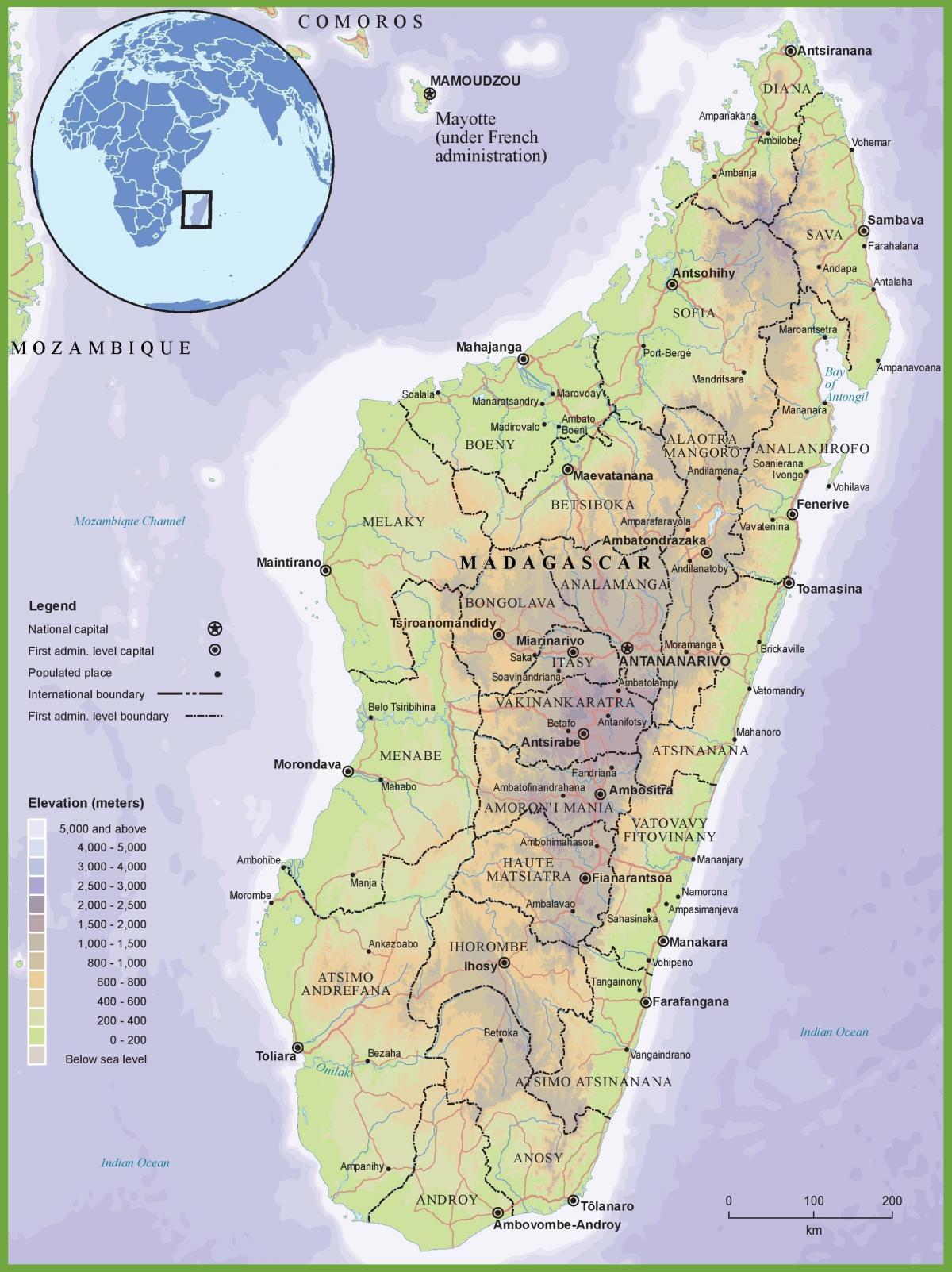 mapa de mapa físico de Madagascar