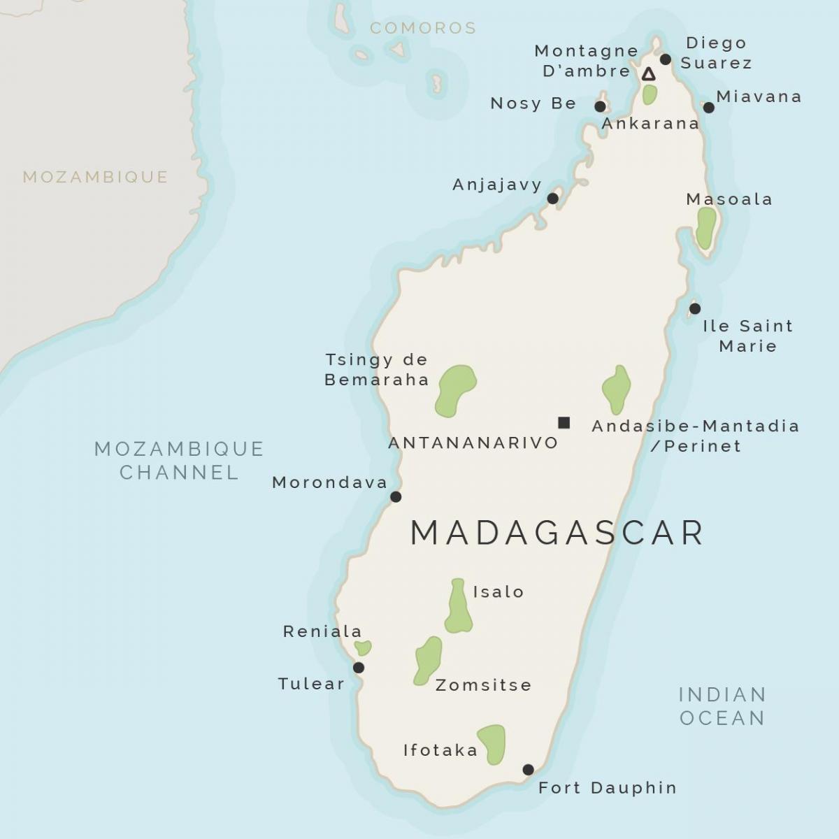 mapa de Madagascar y las islas circundantes